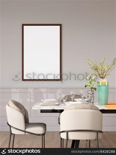 3D illustration mockup photo frame on the wall in dining room, Decoration with table, chair and houseplant, plate and glass on table, rendering