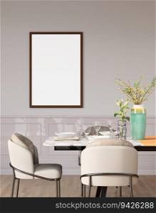 3D illustration mockup photo frame on the wall in dining room, Decoration with table, chair and houseplant, plate and glass on table, rendering