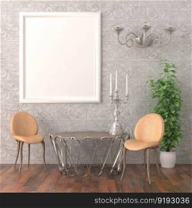 3D illustration mockup photo frame on the wall in dining room, interior with table, chairs and houseplant in natural decoration concept, rendering
