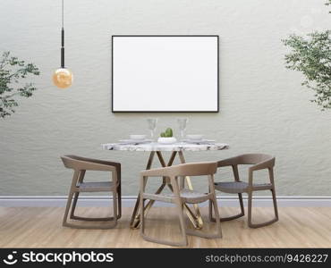 3D illustration. mockup photo frame on the wall in dining room, interior with luxury furniture and decorated with houseplant,  rendering