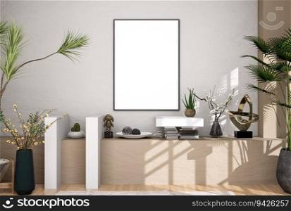 3D illustration mockup photo frame on the wall in living room, decorated with houseplant and sunlight from window, rendering