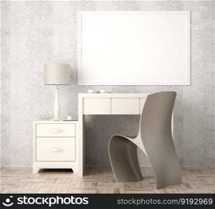 3D illustration mockup photo frame on the wall in living room,  decoration with drawer and modern design chair, rendering