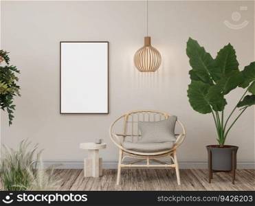 3D illustration mockup photo frame on the wall in living room, Home interior in scandinavian style. design with boho natural wooden furniture on background. rendering