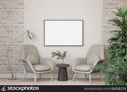 3D illustration mockup photo frame on the wall in living room, interior with armchair in modern design, lamp hanging from ceiling , decorating with houseplants, rendering