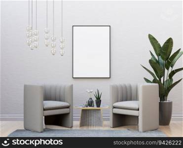 3D illustration mockup photo frame on the wall in living room, interior with armchair in modern design, lamp hanging from ceiling , decorating with houseplants, rendering