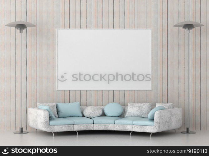 3D illustration mockup photo frame on the wall in living room, minimal style interior with modern furniture decoration concept, rendering