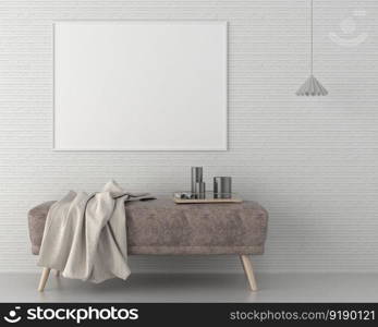 3D illustration mockup photo frame on the wall in living room, minimal style interior with modern furniture decoration concept, rendering