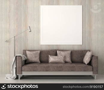 3D illustration mockup photo frame on the wall in living room, minimal style interior with modern furniture decoration concept, rendering