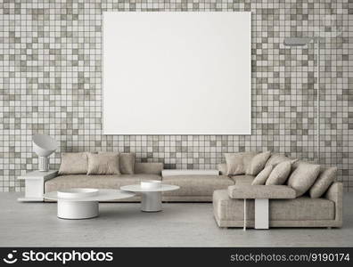 3D illustration mockup photo frame on the wall in living room, minimal style interior with modern furniture decoration concept, rendering