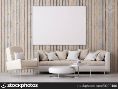 3D illustration mockup photo frame on the wall in living room, minimal style interior with modern furniture decoration concept, rendering