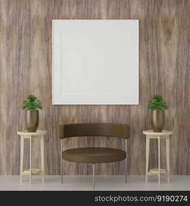 3D illustration mockup photo frame on the wall in living room, minimal style interior with modern furniture decoration concept, rendering