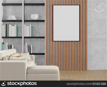 3D illustration mockup photo frame on the wall in living room near bookshelf, scandinavian style interior with cozy furniture decoration concept, rendering