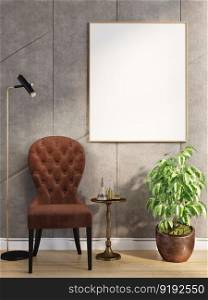 3D illustration mockup photo frame on the wall in living room or studio, scandinavian style interior with cozy furniture and houseplant in natural decoration concept, rendering