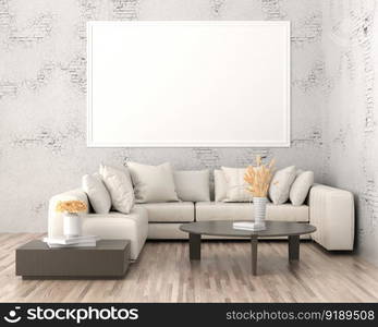 3D illustration mockup photo frame on the wall in living room, scandinavian style interior with cozy furniture decoration concept, rendering