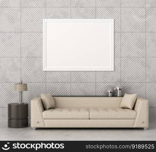 3D illustration mockup photo frame on the wall in living room, scandinavian style interior with cozy furniture decoration concept, rendering