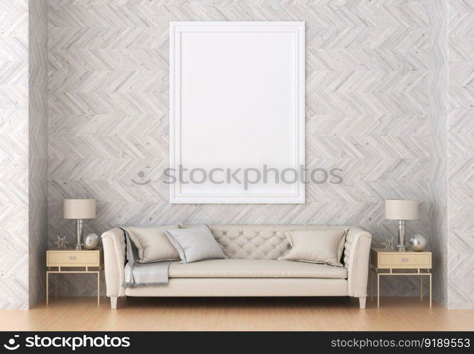 3D illustration mockup photo frame on the wall in living room, scandinavian style interior with cozy furniture decoration concept, rendering