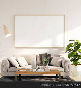 3D illustration mockup photo frame on the wall in living room, scandinavian style interior with cozy furniture decoration concept, rendering