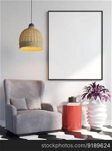 3D illustration mockup photo frame on the wall in living room, scandinavian style interior with cozy furniture decoration concept, rendering