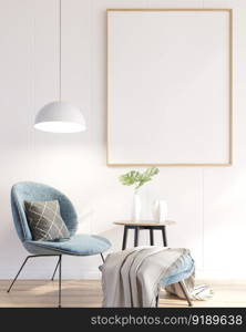 3D illustration mockup photo frame on the wall in living room, scandinavian style interior with cozy furniture decoration concept, rendering