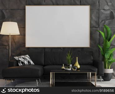 3D illustration mockup photo frame on the wall in living room, scandinavian style interior with cozy furniture decoration concept, rendering