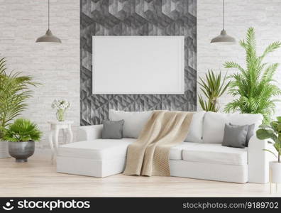 3D illustration mockup photo frame on the wall in living room, scandinavian style interior with cozy furniture and houseplant in natural decoration concept, rendering