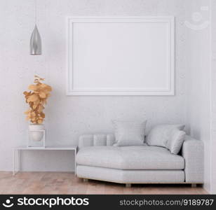 3D illustration mockup photo frame on the wall in living room, scandinavian style interior with cozy furniture decoration concept, rendering