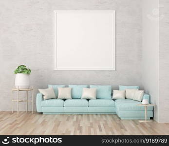 3D illustration mockup photo frame on the wall in living room, scandinavian style interior with cozy furniture decoration concept, rendering