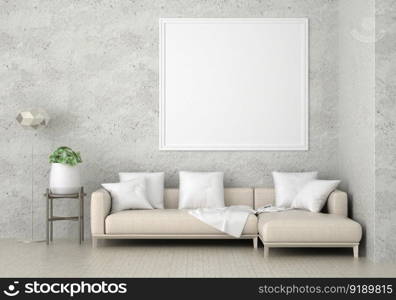 3D illustration mockup photo frame on the wall in living room, scandinavian style interior with cozy furniture decoration concept, rendering