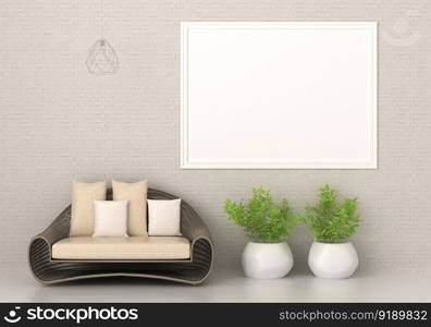 3D illustration mockup photo frame on the wall in living room, scandinavian style interior with cozy furniture decoration concept, rendering