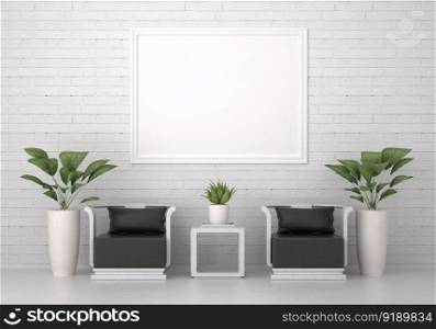 3D illustration mockup photo frame on the wall in living room, scandinavian sty≤∫erior with cozy furniture decoration concept, rendering