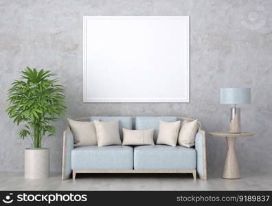 3D illustration mockup photo frame on the wall in living room, scandinavian style interior with cozy furniture decoration concept, rendering