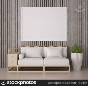 3D illustration mockup photo frame on the wall in living room, scandinavian style interior with cozy furniture decoration concept, rendering