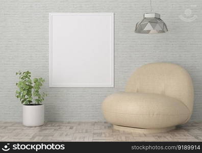 3D illustration mockup photo frame on the wall in living room, scandinavian style interior with cozy furniture decoration concept, rendering