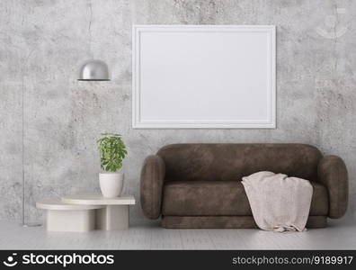 3D illustration mockup photo frame on the wall in living room, scandinavian style interior with cozy furniture decoration concept, rendering