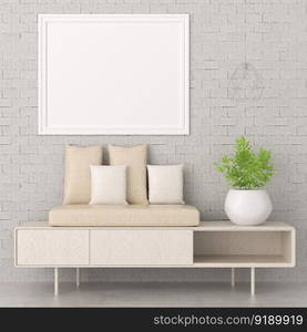 3D illustration mockup photo frame on the wall in living room, scandinavian style interior with cozy furniture decoration concept, rendering