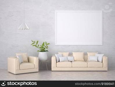 3D illustration mockup photo frame on the wall in living room, scandinavian style interior with cozy furniture decoration concept, rendering