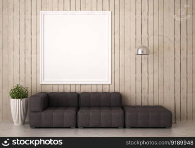 3D illustration mockup photo frame on the wall in living room, scandinavian style interior with cozy furniture decoration concept, rendering