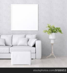 3D illustration mockup photo frame on the wall in living room, scandinavian style interior with cozy furniture decoration concept, rendering