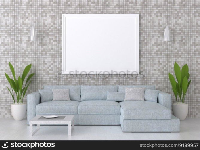 3D illustration mockup photo frame on the wall in living room, scandinavian style interior with cozy furniture decoration concept, rendering