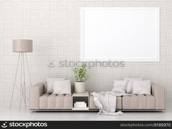 3D illustration mockup photo frame on the wall in living room, scandinavian style interior with cozy furniture decoration concept, rendering