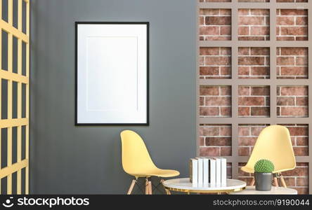 3D illustration mockup photo frame on the wall in living room, scandinavian style interior with cozy furniture decoration concept, rendering