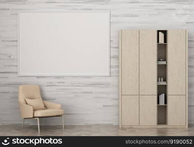 3D illustration mockup photo frame on the wall in living room, scandinavian style interior with cozy furniture decoration concept, rendering