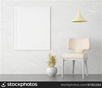 3D illustration mockup photo frame on the wall in living room, scandinavian style interior with modern urniture decoration concept, rendering