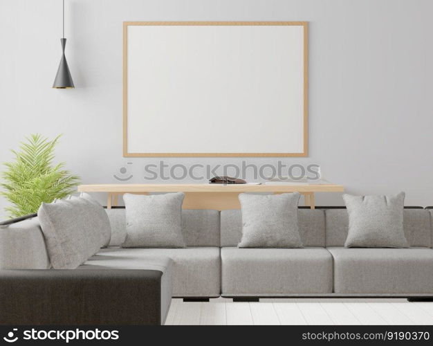 3D illustration mockup photo frame on the wall in living room, scandinavian style interior with cozy furniture and houseplant in natural decoration concept, rendering