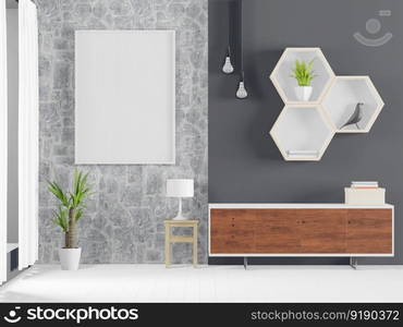 3D illustration mockup photo frame on the wall in living room, scandinavian style interior with cozy furniture and houseplant in natural decoration concept, rendering