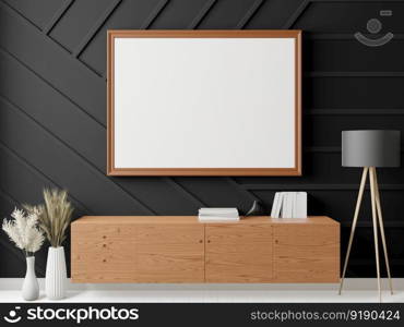 3D illustration mockup photo frame on the wall in living room, scandinavian style interior with cozy furniture decoration concept, rendering