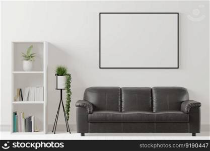 3D illustration mockup photo frame on the wall in living room, scandinavian style interior with cozy furniture decoration concept, rendering
