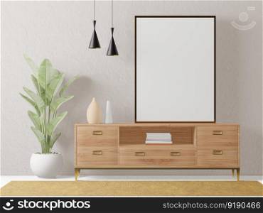 3D illustration mockup photo frame on the wall in living room, scandinavian style interior with cozy furniture and houseplant in natural decoration concept, rendering