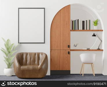 3D illustration mockup photo frame on the wall in living room, scandinavian style interior with cozy furniture and houseplant in natural decoration concept, rendering