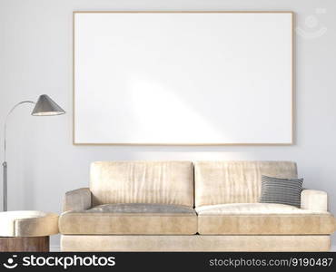 3D illustration mockup photo frame on the wall in living room, scandinavian style interior with cozy furniture decoration concept, rendering